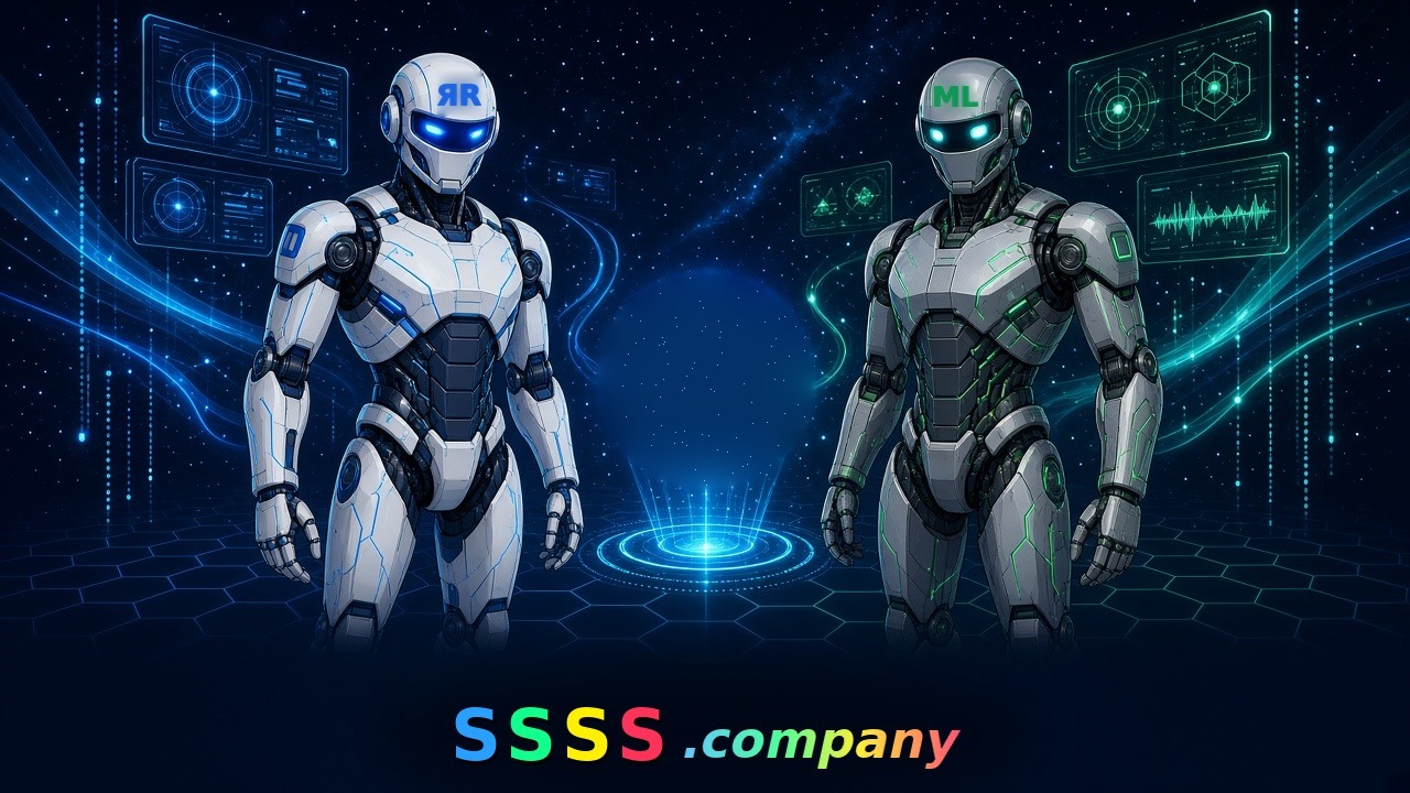 Two silver robots, ЯR in blue and ML in green, on either side of a glowing energy ball